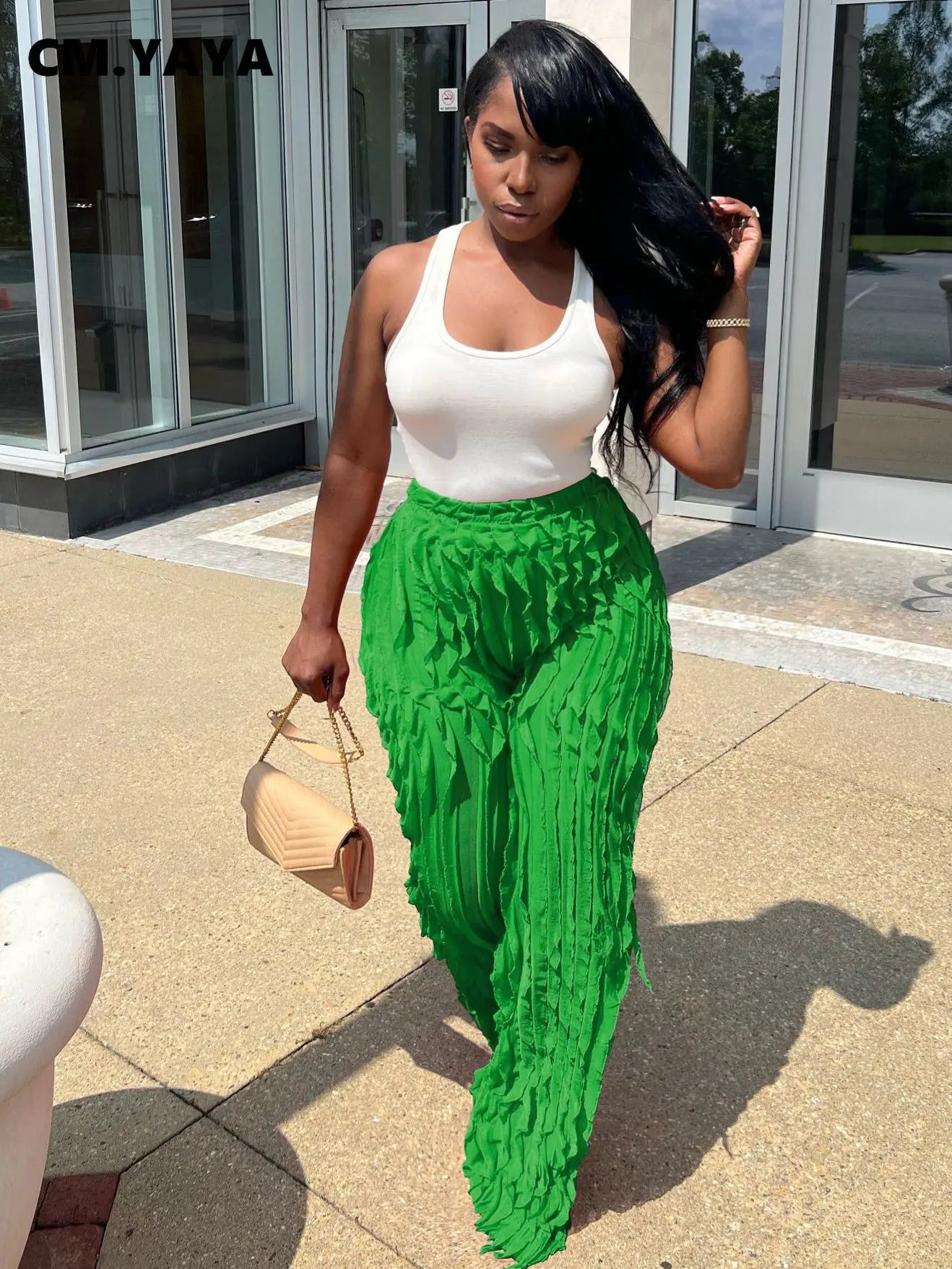 CM.YAYA Wave Ruffles Splicing Wide Leg Pants