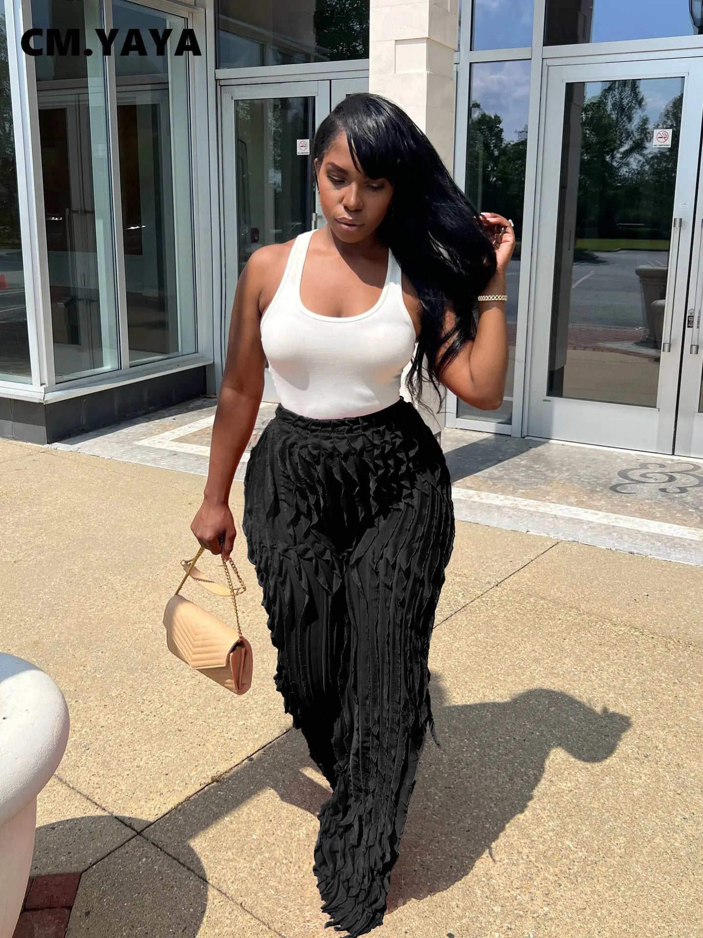 CM.YAYA Wave Ruffles Splicing Wide Leg Pants