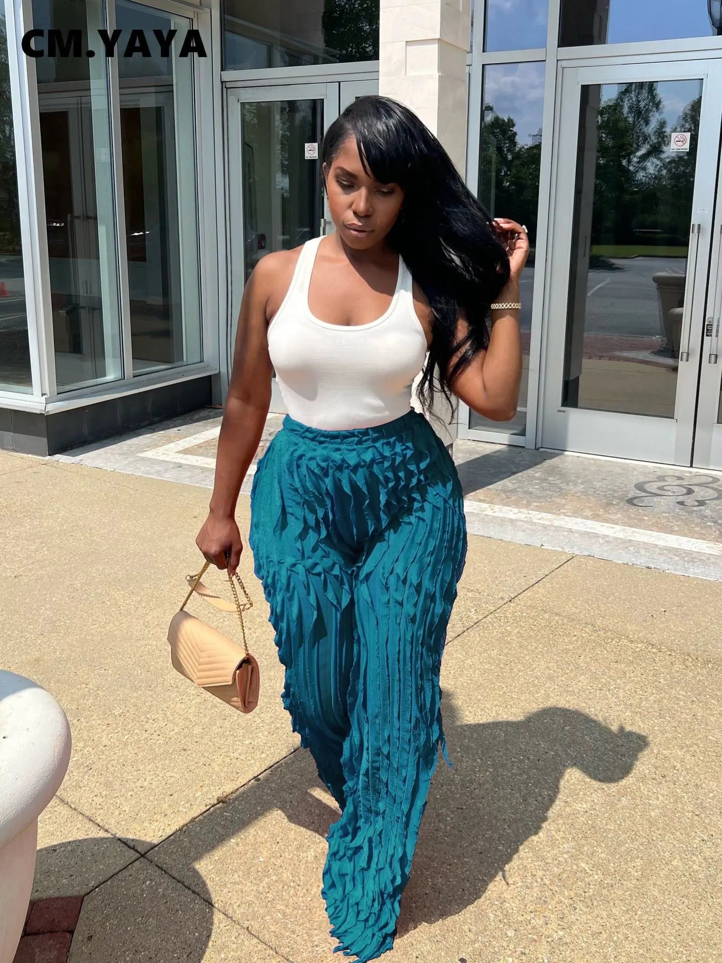 CM.YAYA Wave Ruffles Splicing Wide Leg Pants