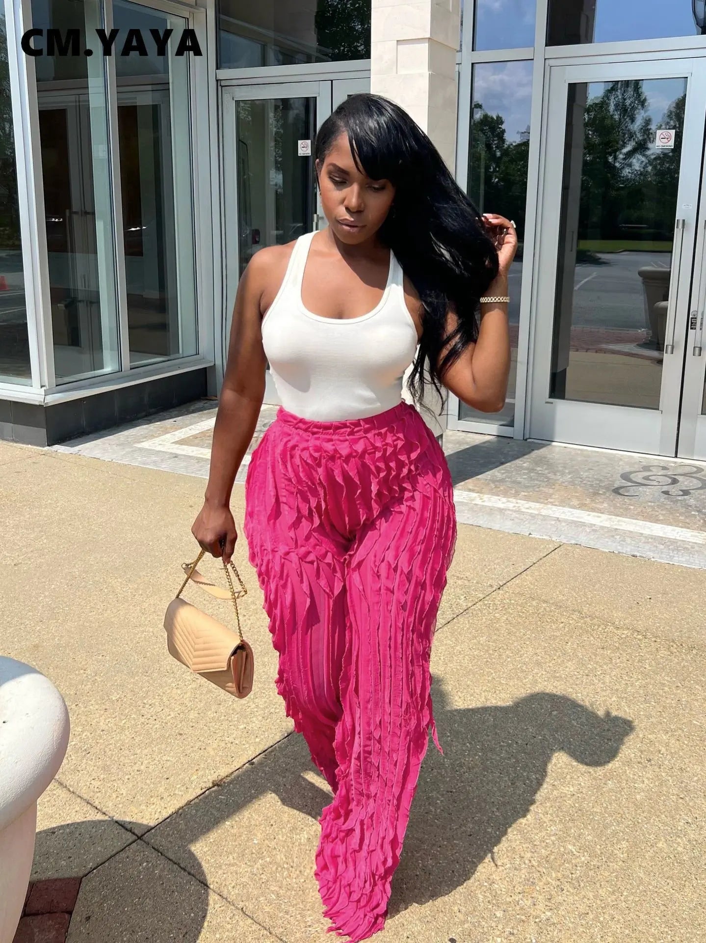 CM.YAYA Wave Ruffles Splicing Wide Leg Pants