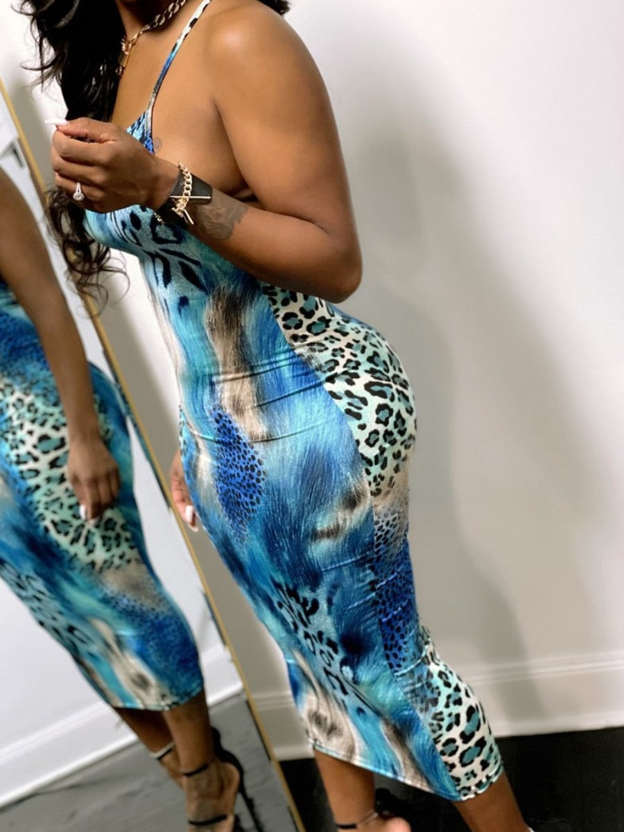 LW Leopard Print Cross Strap Backless Dress