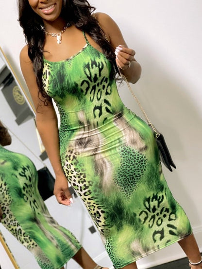 LW Leopard Print Cross Strap Backless Dress