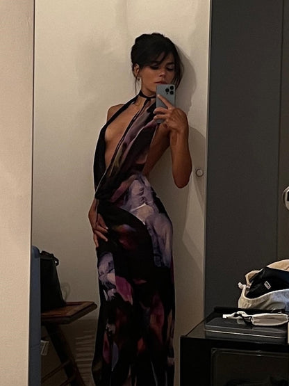 Purple Print Halter Bodycon Maxi Dress